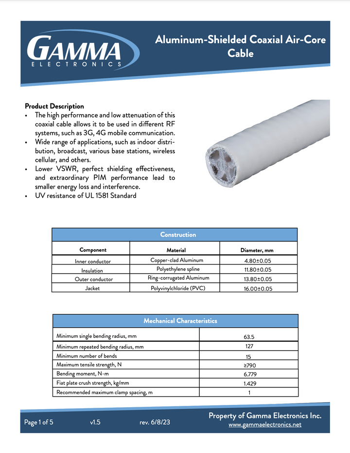 Aluminum-Shielded Coaxial Air-Core Plenum Cable - Gamma Electronics