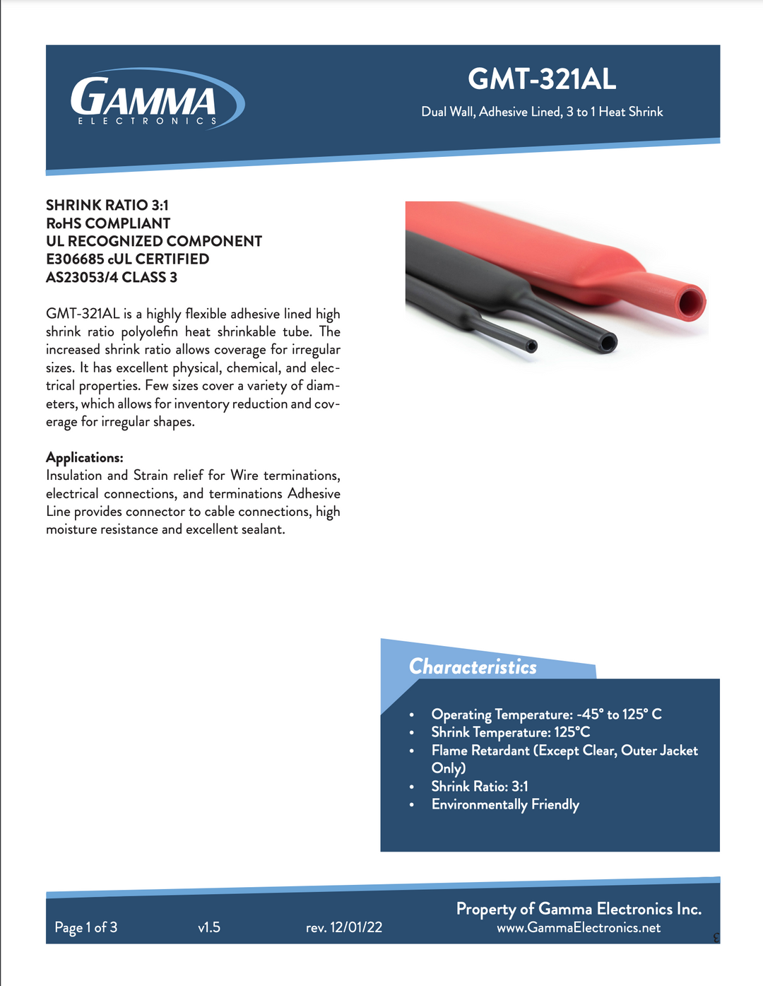 GMT-321AL : 3 to 1 Adhesive Lined Heat Shrink Tubing - Gamma Electronics