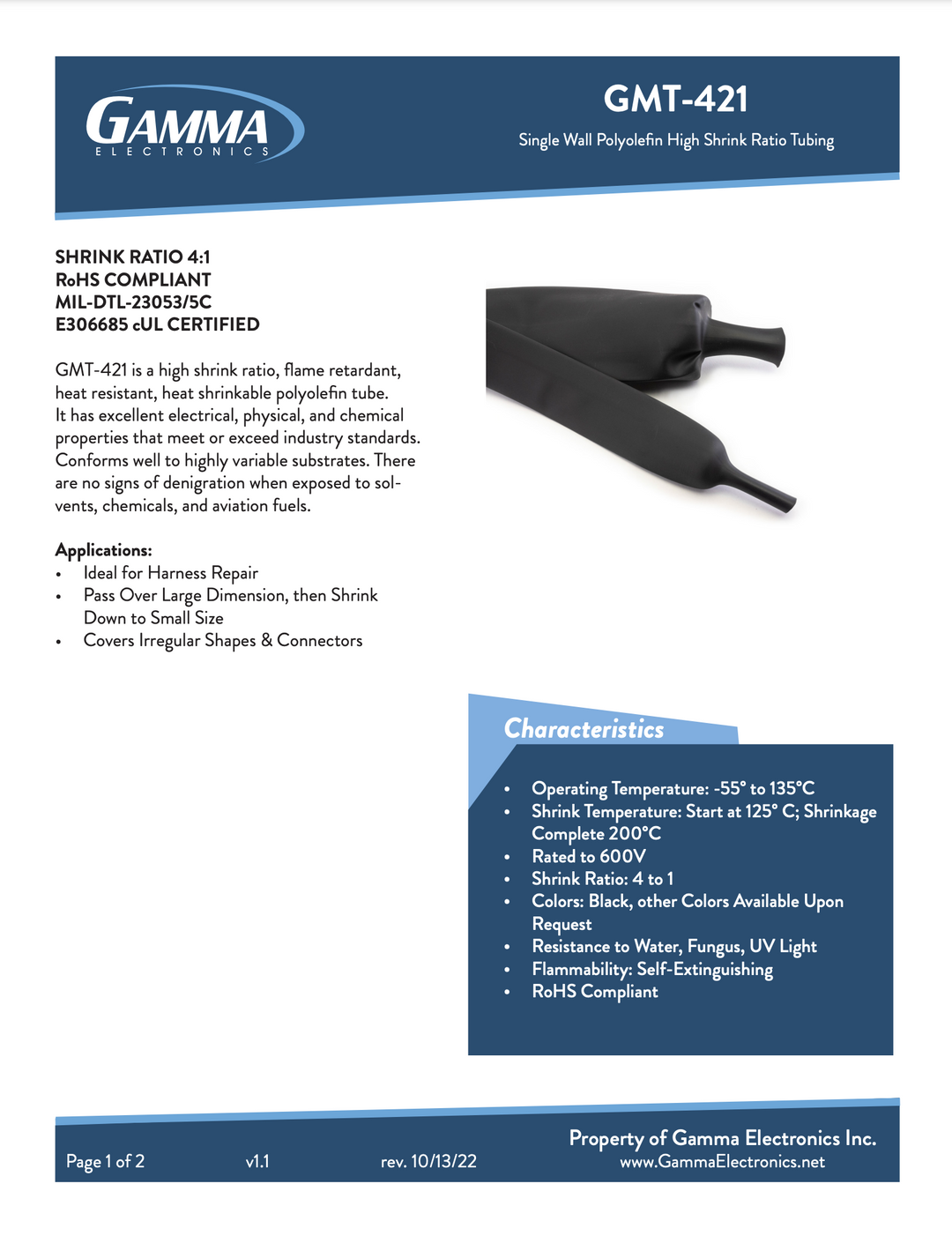 GMT-421: 4 to 1 Flame-Retardant, Polyolefin Heat Shrinkable Tube - Gamma Electronics