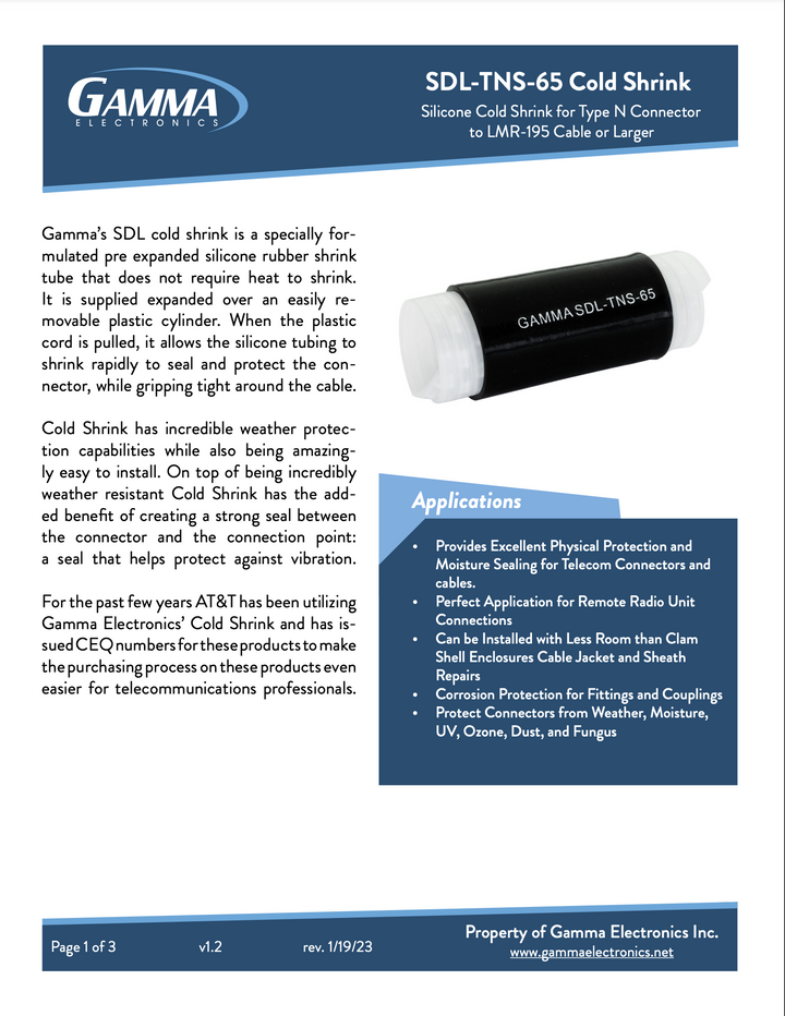 SDL-TNS-65 Cold Shrink Tubing - Gamma Electronics