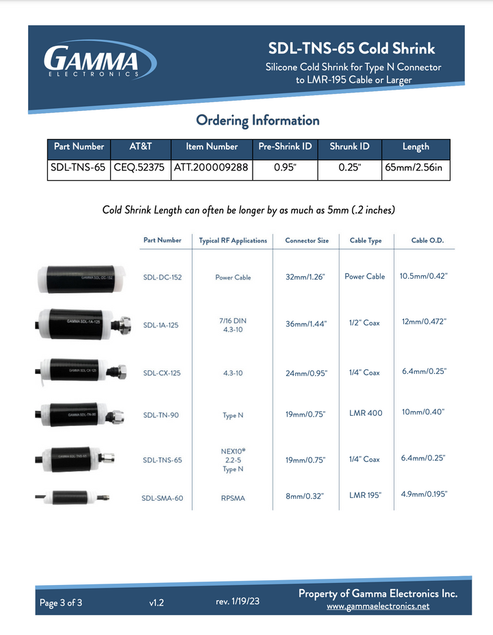 SDL-TNS-65 Cold Shrink Tubing - Gamma Electronics