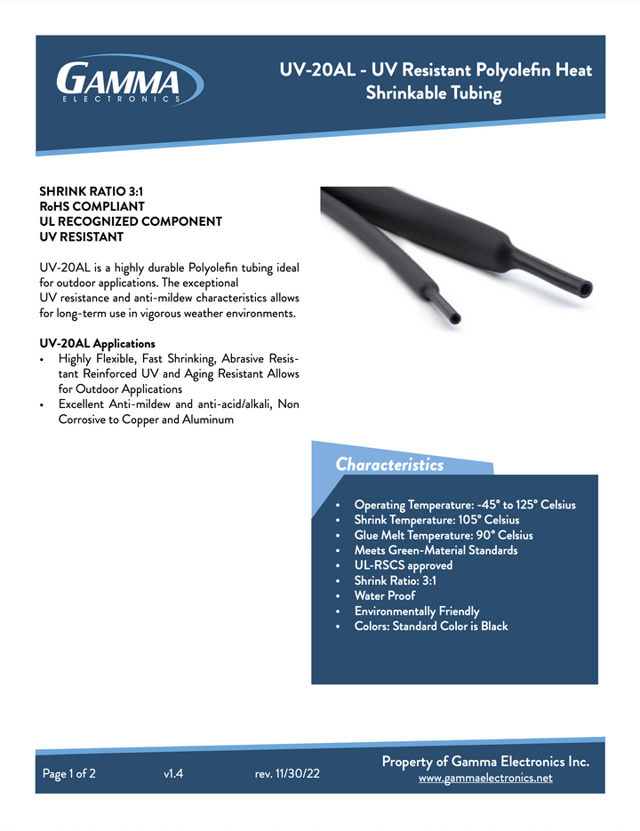 UV20AL: UV Resistant, Adhesive Lined, Polyolefin Heat Shrinkable Tubing - Gamma Electronics