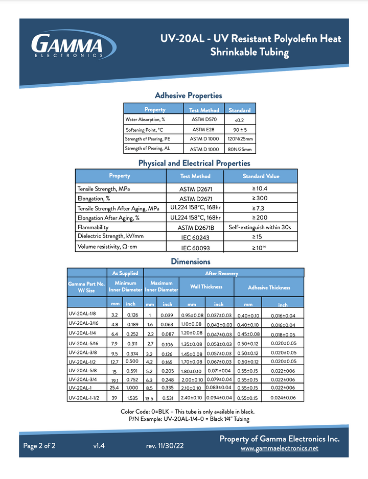 UV20AL: UV Resistant, Adhesive Lined, Polyolefin Heat Shrinkable Tubing - Gamma Electronics