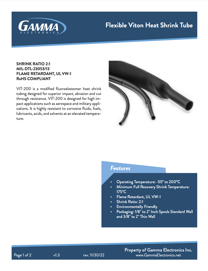 VIT-200: 2 to 1 Viton Heat Shrink Tubing for Superior Impact, Abrasion and Cut-Through Resistance - Gamma Electronics