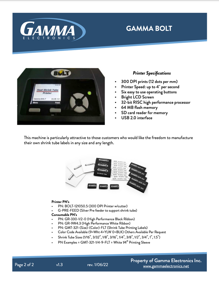 Gamma Bolt Heat Shrink Printer Bundle - Gamma Electronics