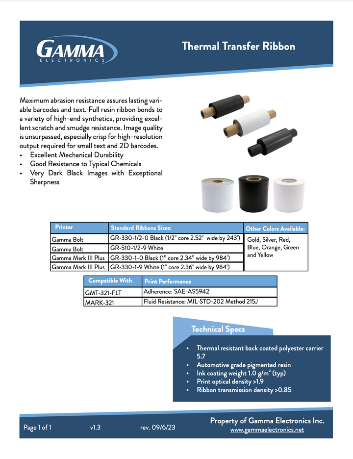 Gamma Bolt Thermal Transfer Printer Ribbon - Gamma Electronics
