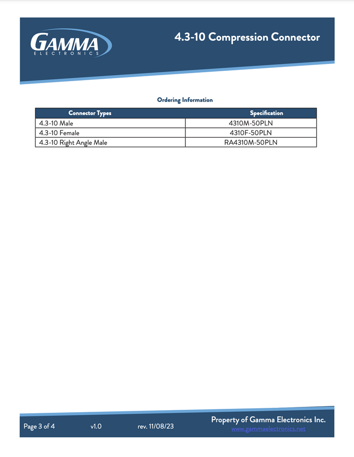 Gamma RF Compression Connectors 4.3-10 female - Gamma Electronics
