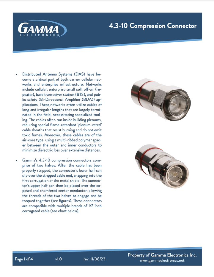 Gamma RF Compression Connectors 4.3-10 male - Gamma Electronics