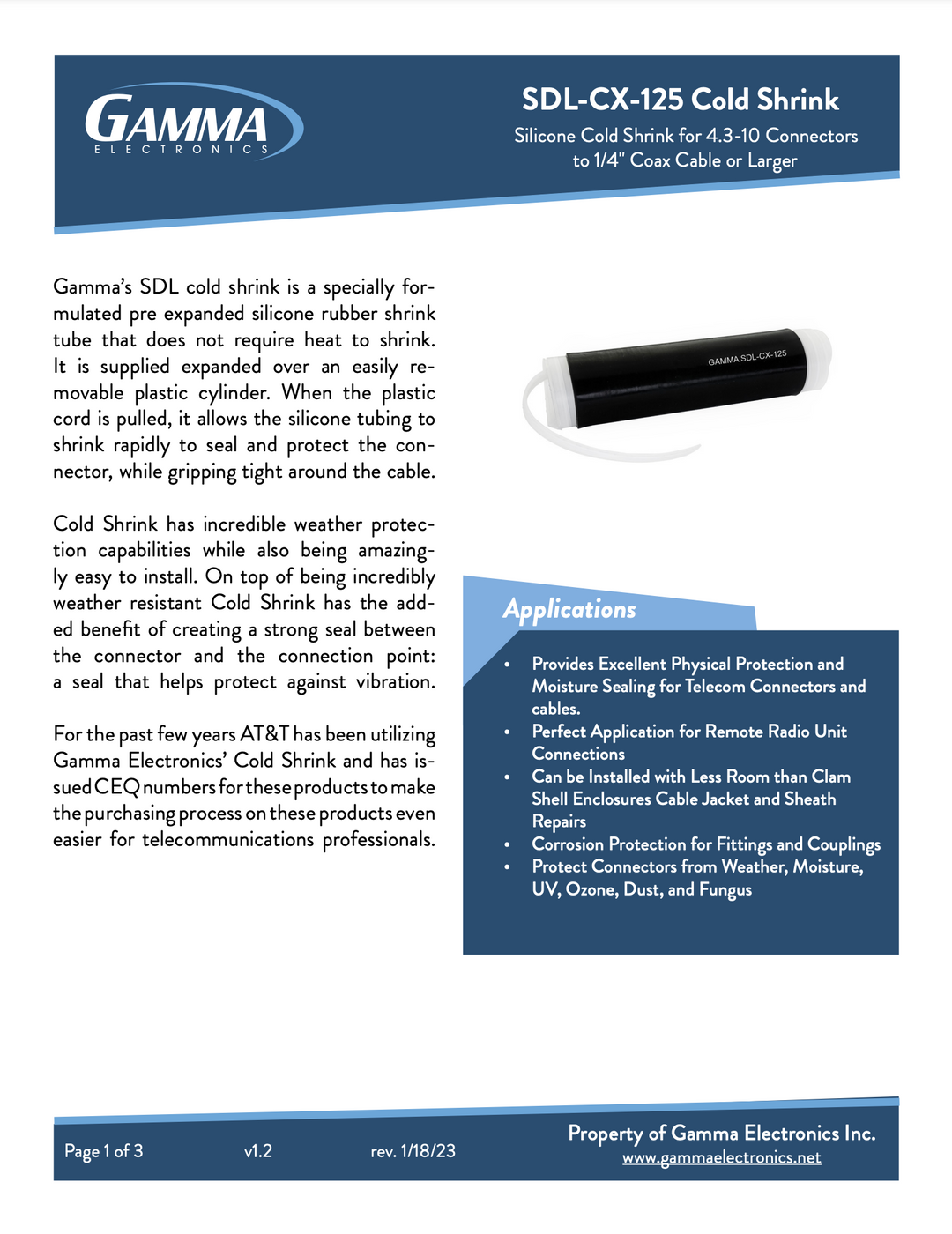 Gamma SDL-CX-125 Cold Shrink Tubing - Gamma Electronics