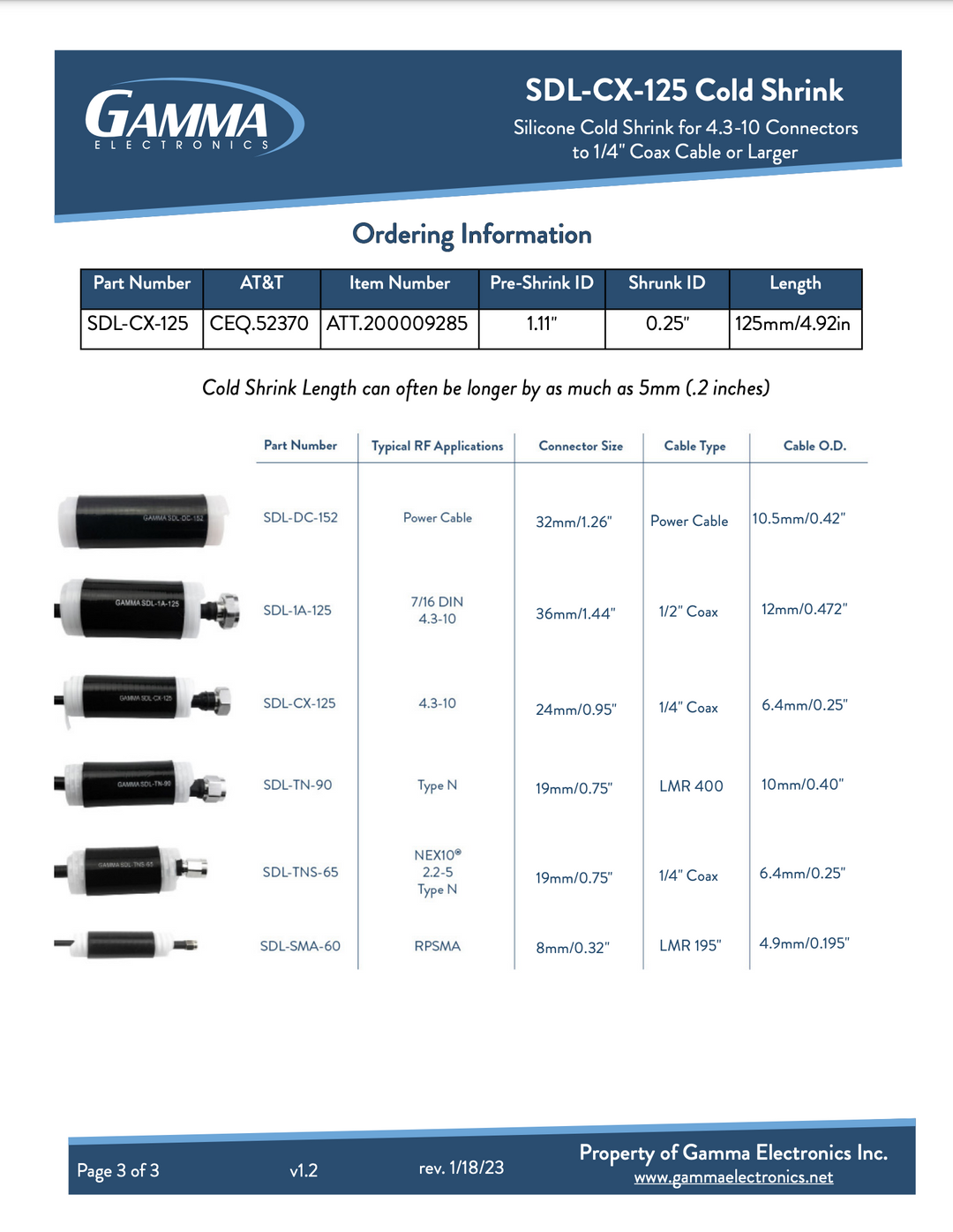 Gamma SDL-CX-125 Cold Shrink Tubing - Gamma Electronics