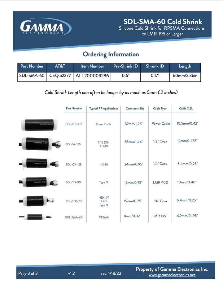 Gamma SDL-SMA-60 Cold Shrink Tubing - Gamma Electronics