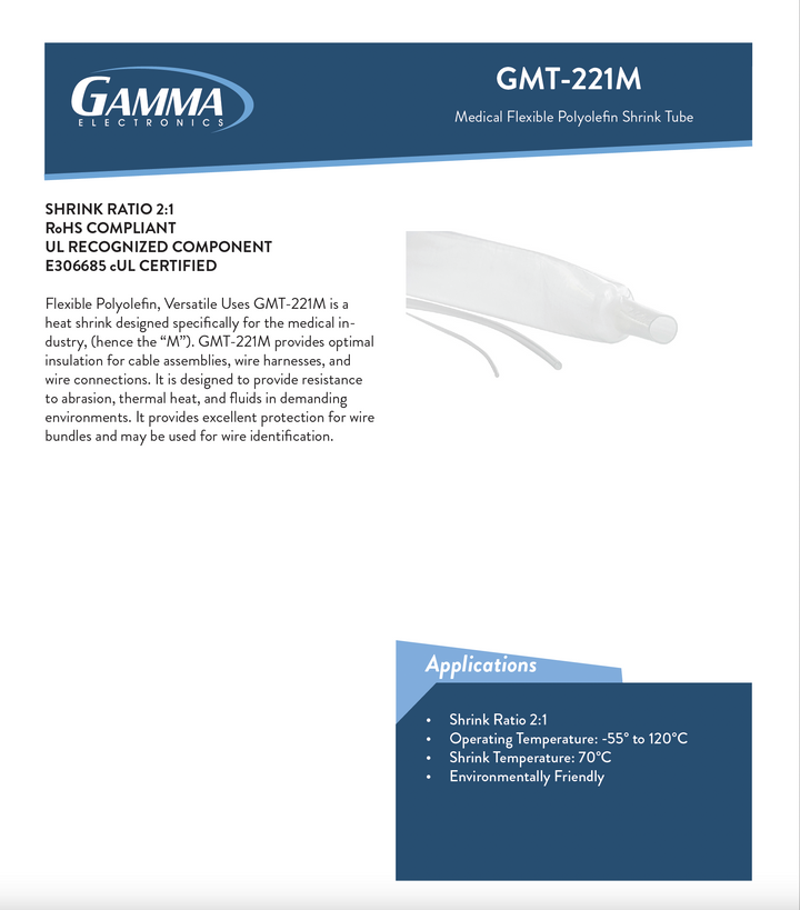 GMT-221M: 2:1 Clear, Medical Grade Heat Shrink Tubing