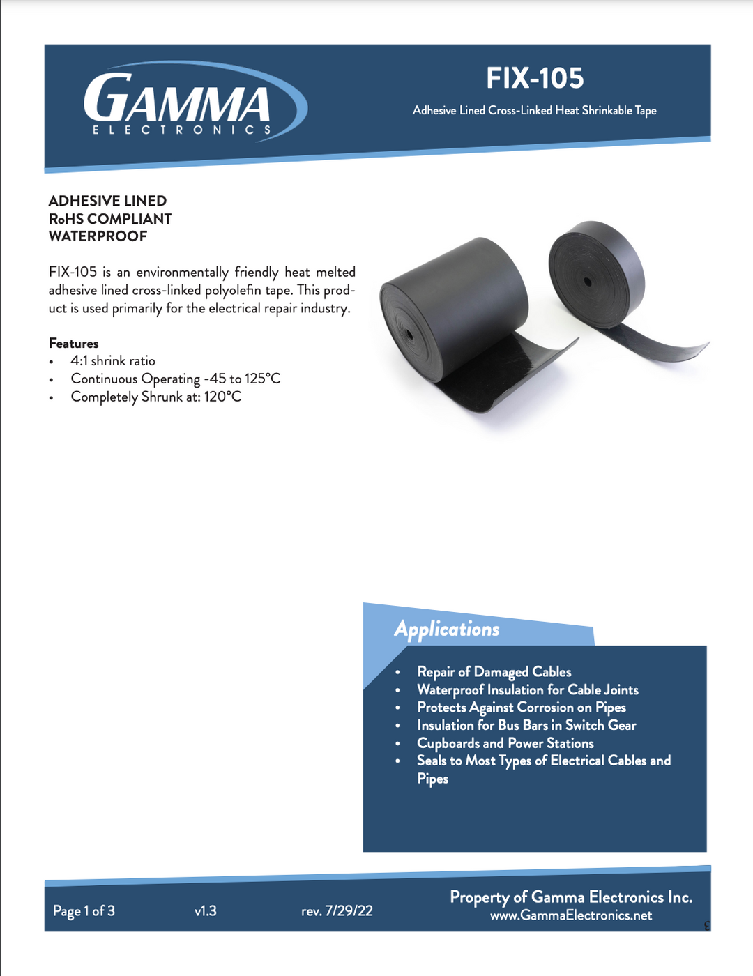 FIX-105 Adhesive Lined, Cross Linked Heat Shrinkable Tape (25 feet per roll, sold in quantity of 10)