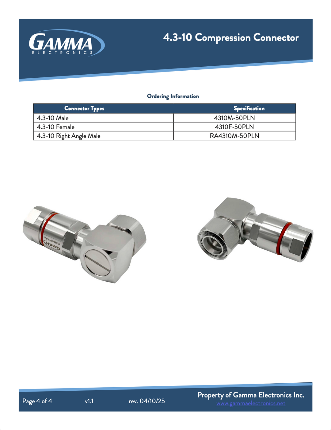 Gamma RF Compression Connectors Right Angle 4.3-10 male