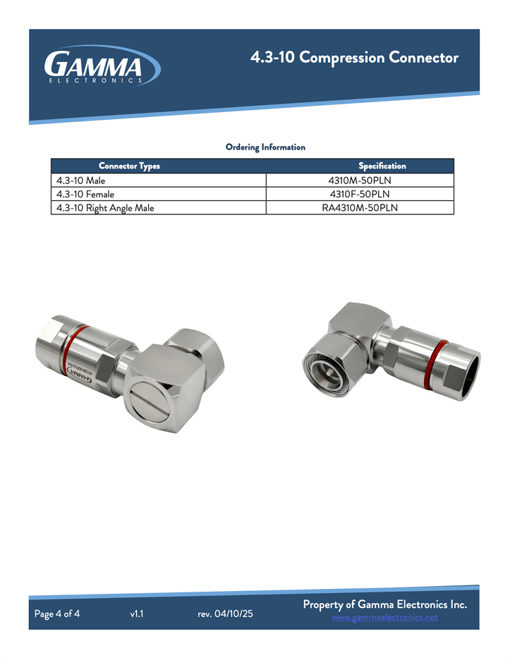 Gamma RF Compression Connectors Right Angle 4.3-10 male