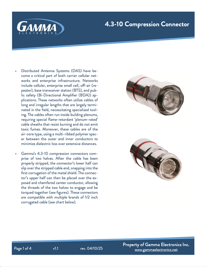 Gamma RF Compression Connectors Right Angle 4.3-10 male