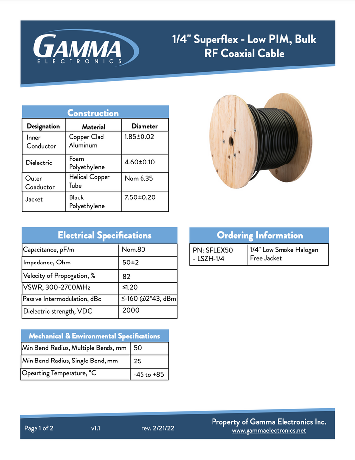 Gamma 1/4 Inch Superflex – Low PIM, Bulk RF Coaxial Cable - Gamma Electronics