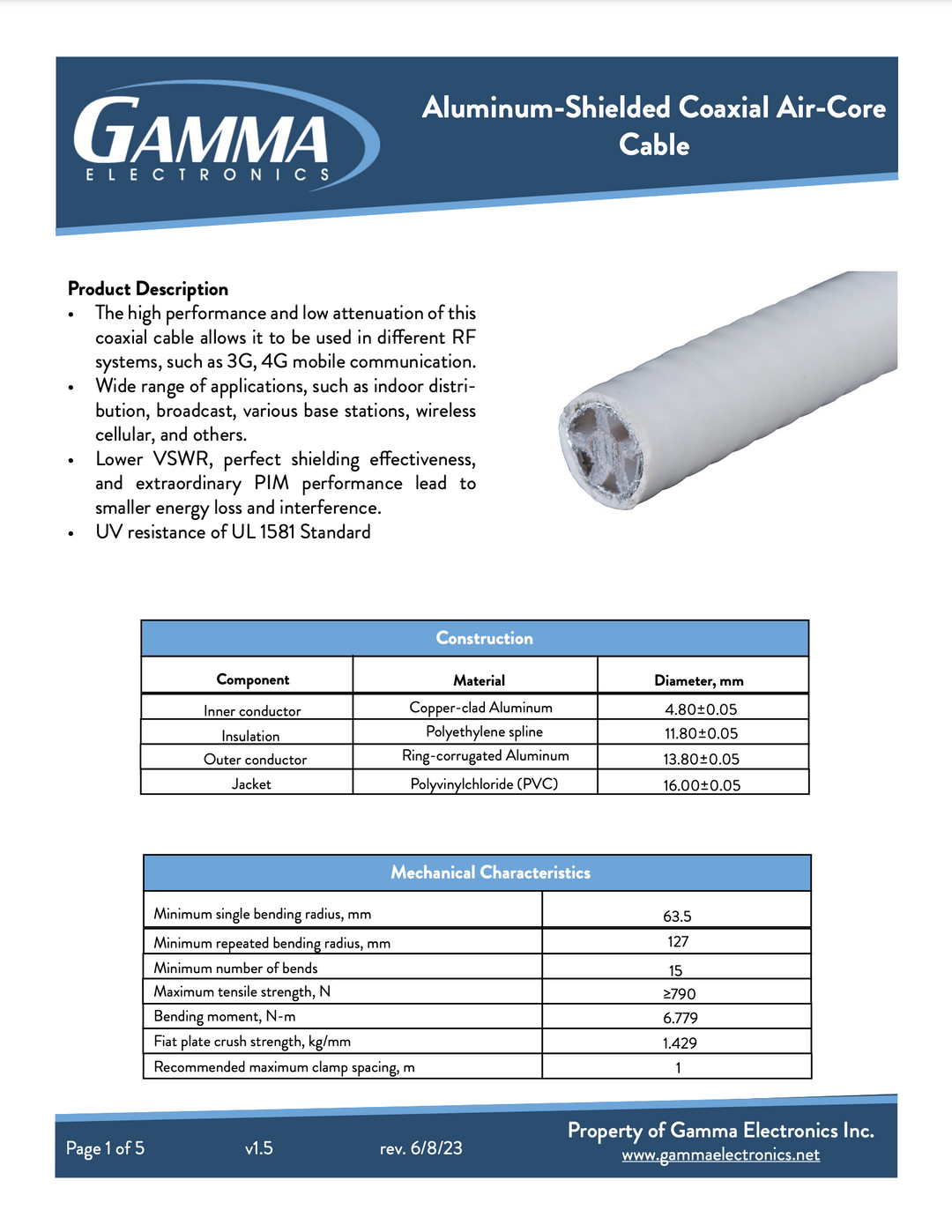 Aluminum-Shielded Coaxial Air-Core Plenum Cable - Gamma Electronics