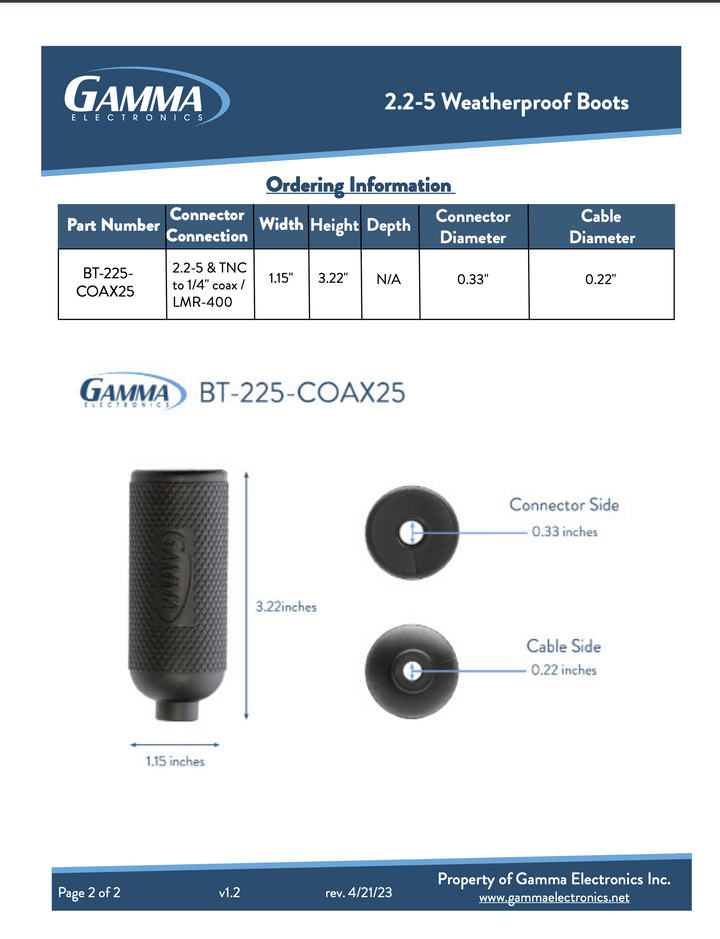 Gamma 2.2-5 RF Weatherproof Boot - Gamma Electronics