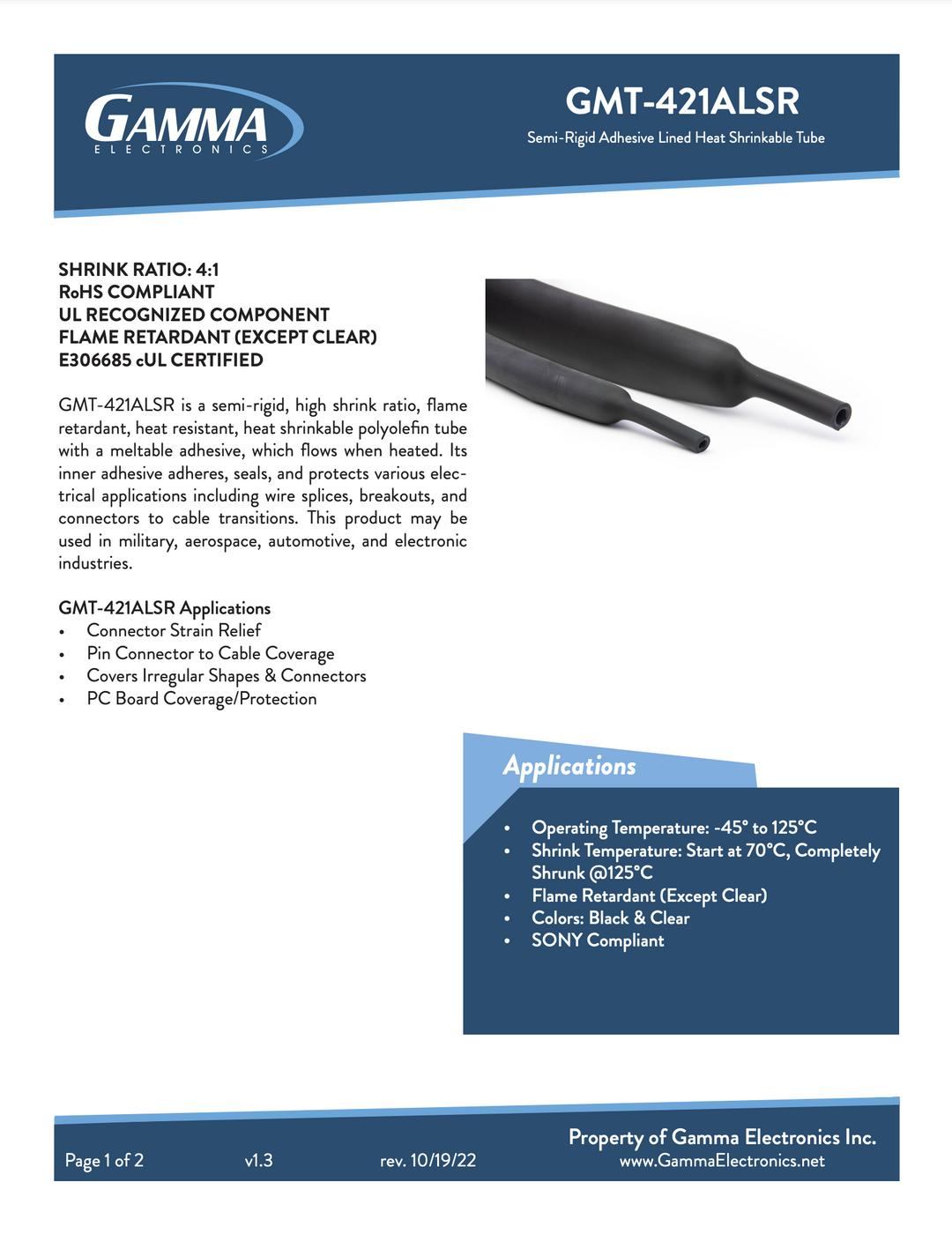 GMT-421ALSR: 4 to 1 Adhesive Lined, Semi-Rigid, Polyolefin Heat Shrinkable Tubing - Gamma Electronics