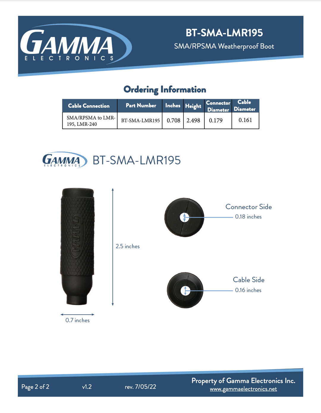 SMA RF Weatherproof Boot - Gamma Electronics