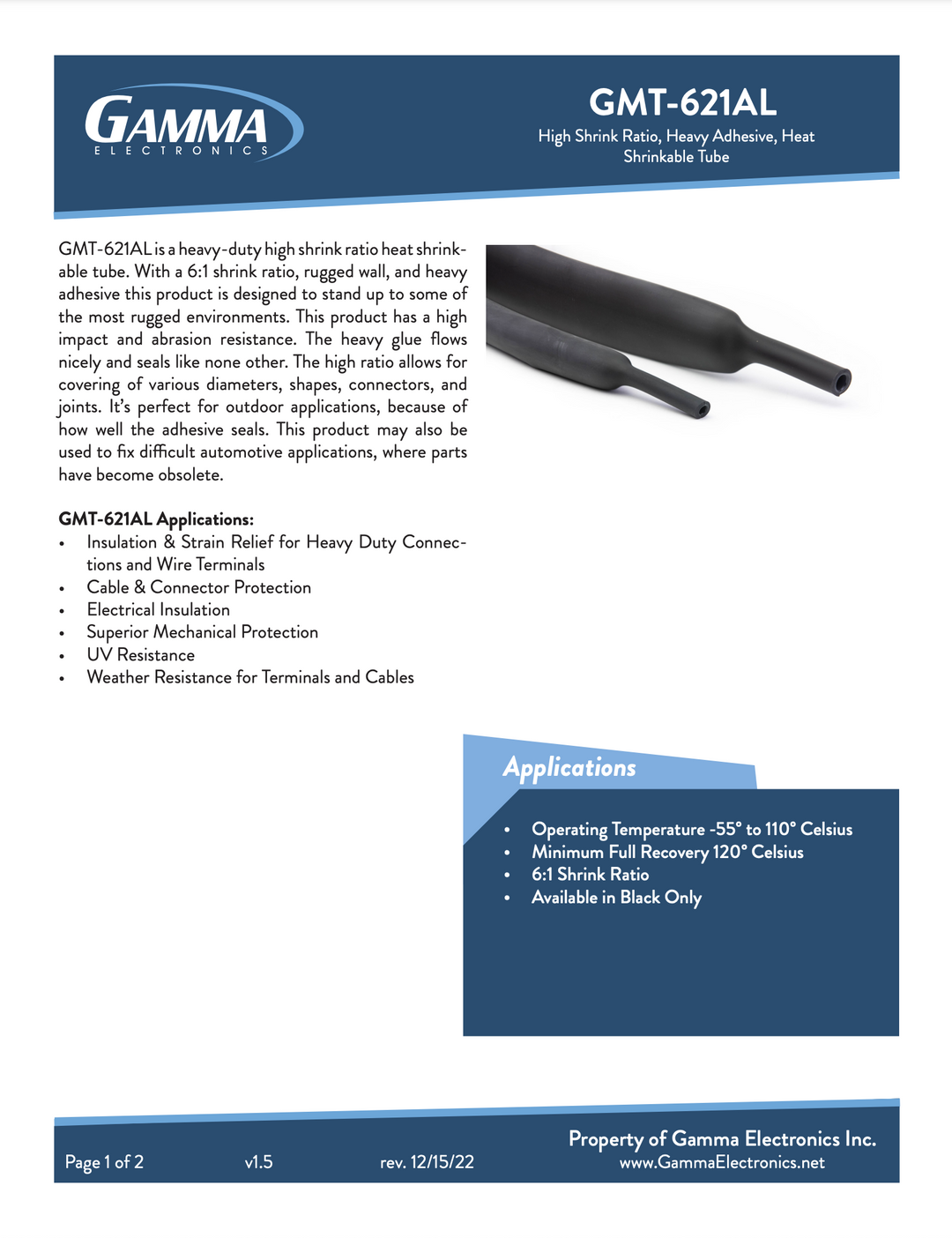 Gamma GMT-621AL: 6:1 Adhesive Lined Heat Shrink Tubing - Gamma Electronics