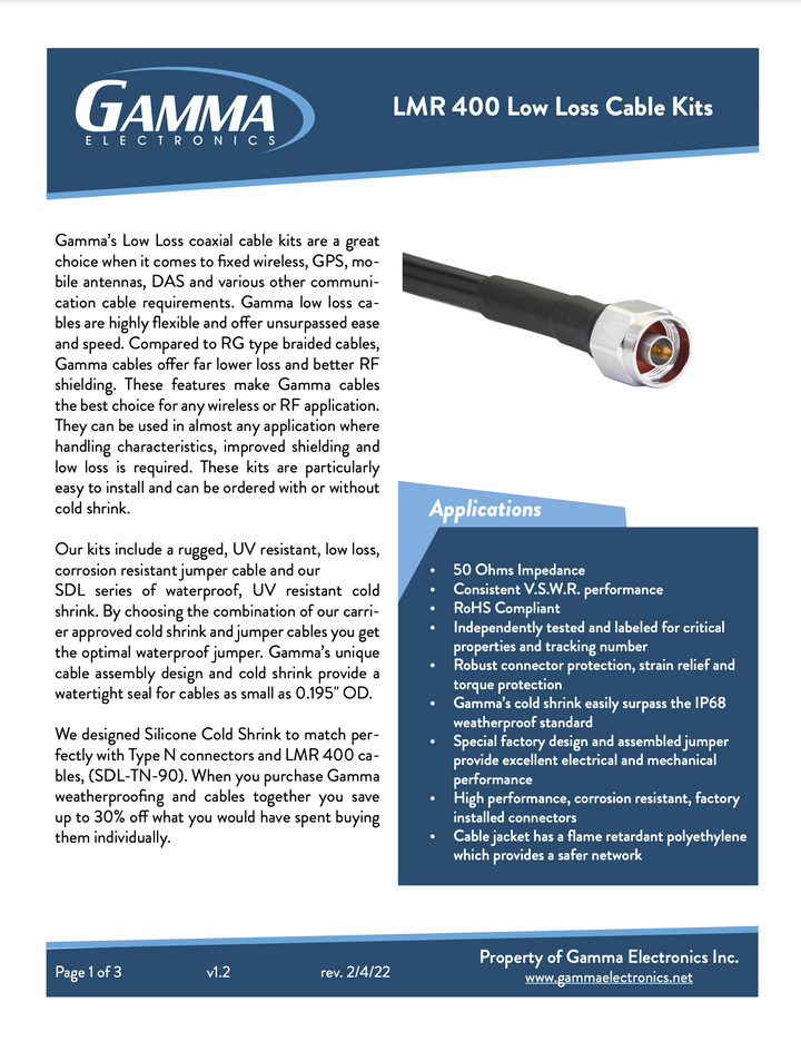 Gamma LMR 400 – Low Loss, RF Coaxial Cables - Gamma Electronics