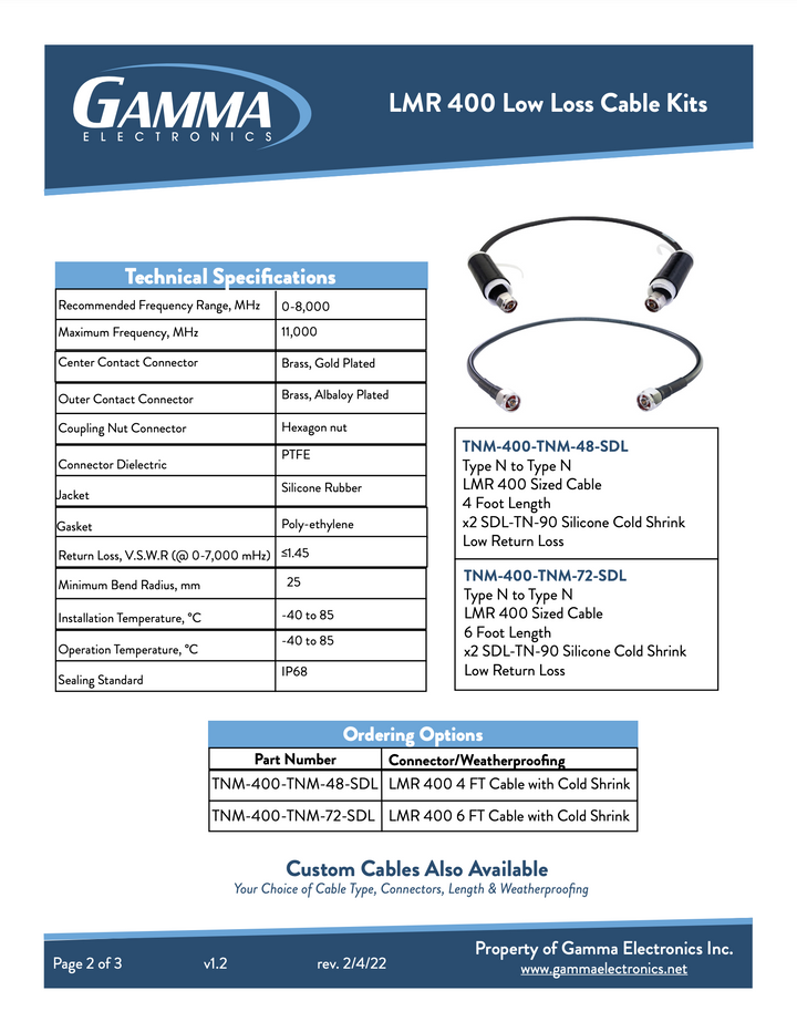 Gamma LMR 400 – Low Loss, RF Coaxial Cables - Gamma Electronics