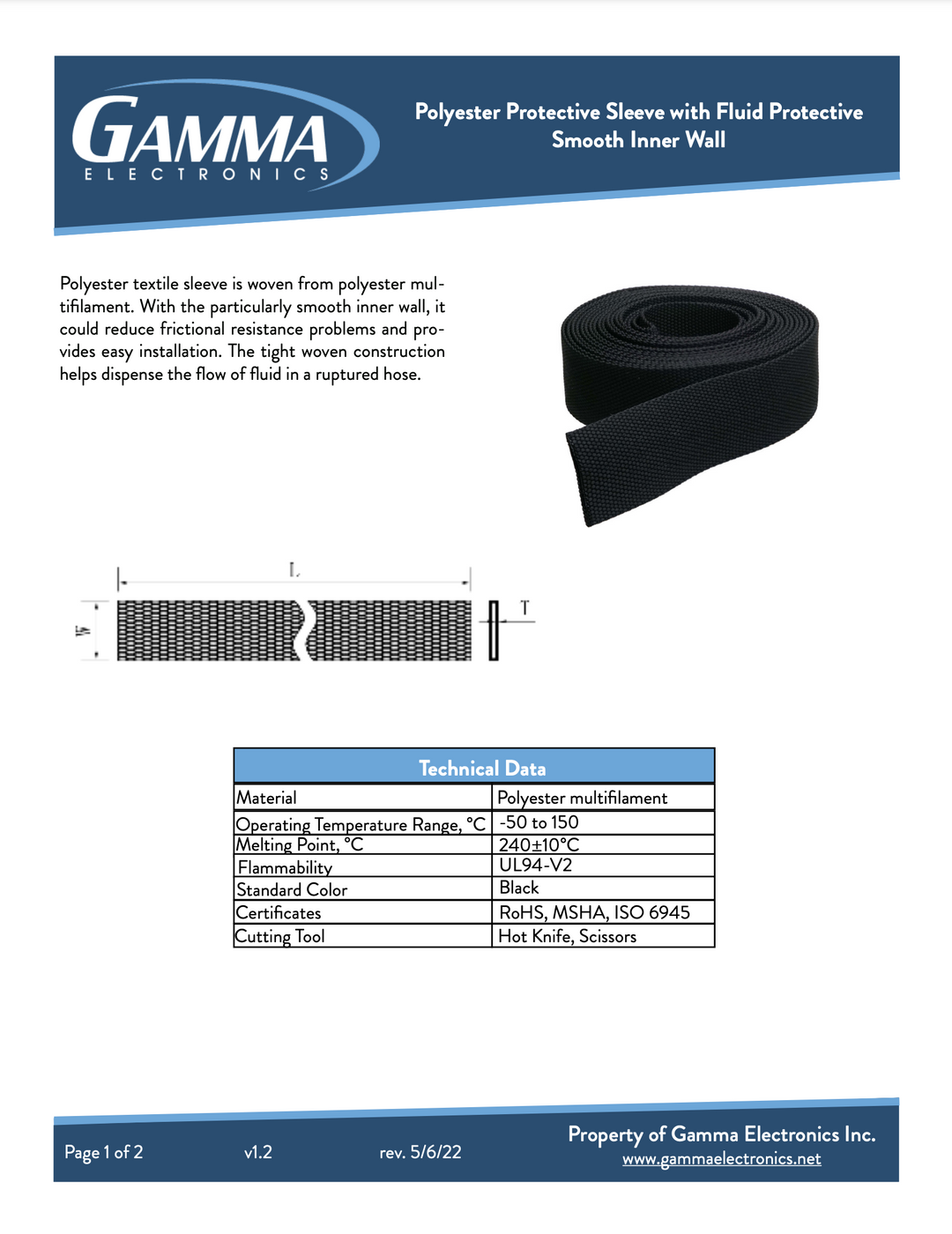 Gamma Polyester Protective Sleeve with Fluid Protective Smooth Inner Wall Braided Sleeving - Gamma Electronics
