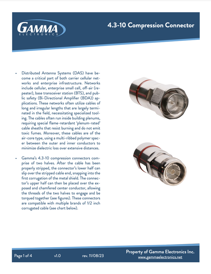 Gamma RF Compression Connectors 4.3-10 female - Gamma Electronics