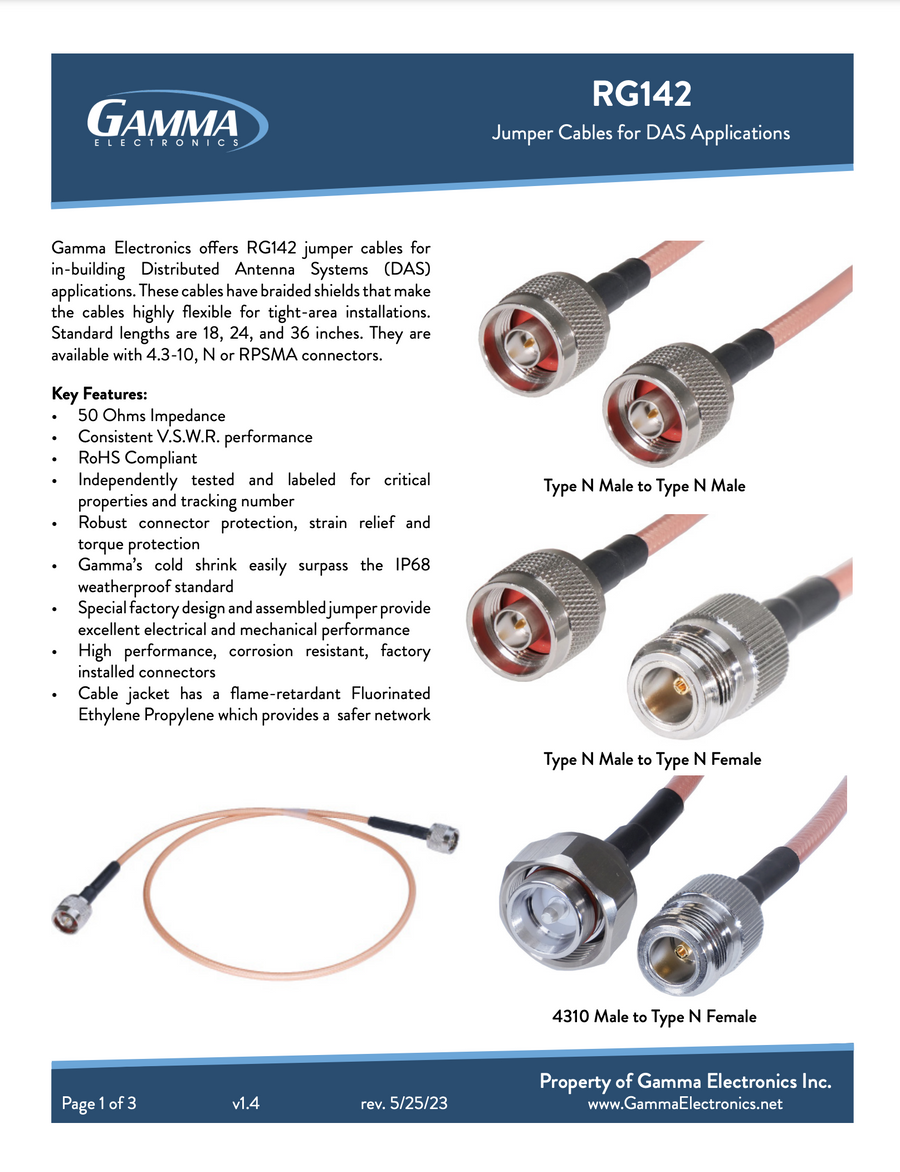 Gamma RG142 Coaxial Cable – Type N Male to Type N Female – Gamma ...