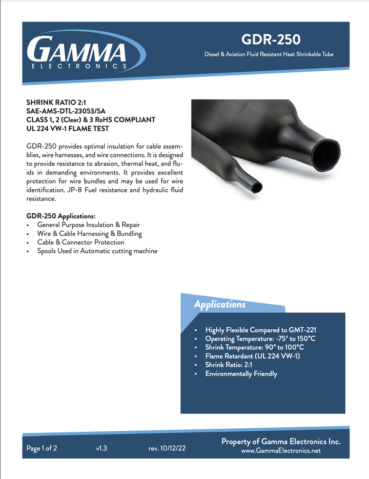 GDR-250: 2 to 1 Heat Shrink Tubing that is Highly resistant to Fuels, Fluids & Oils - Gamma Electronics