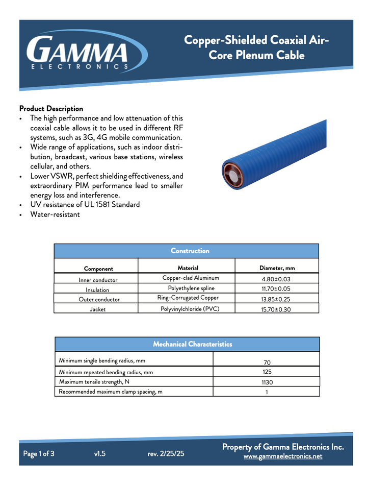 Copper-Shielded Coaxial Air-Core Plenum Cable 500 ft Spool