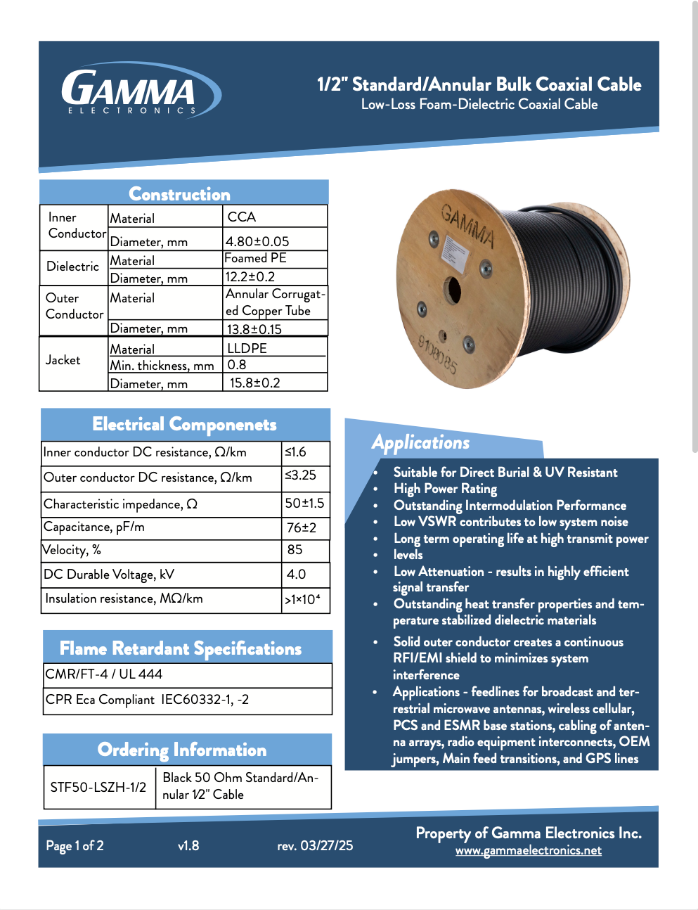 Gamma 1/2 Inch Standard – Low PIM, Bulk RF Coaxial Cable PN: STF50