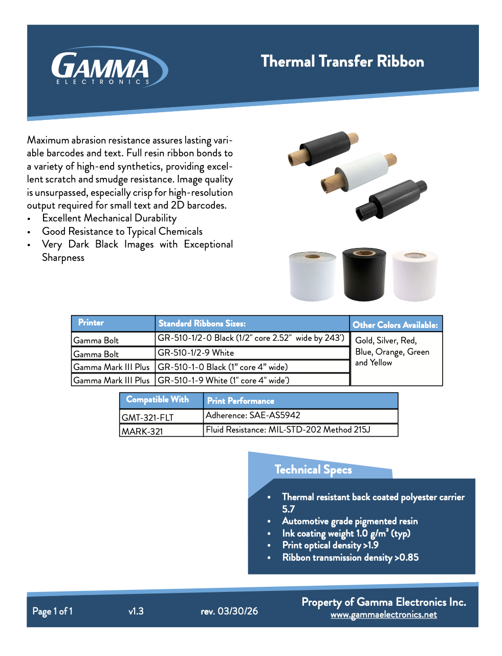 Gamma Bolt Thermal Transfer Printer Ribbon (Sold in 3)