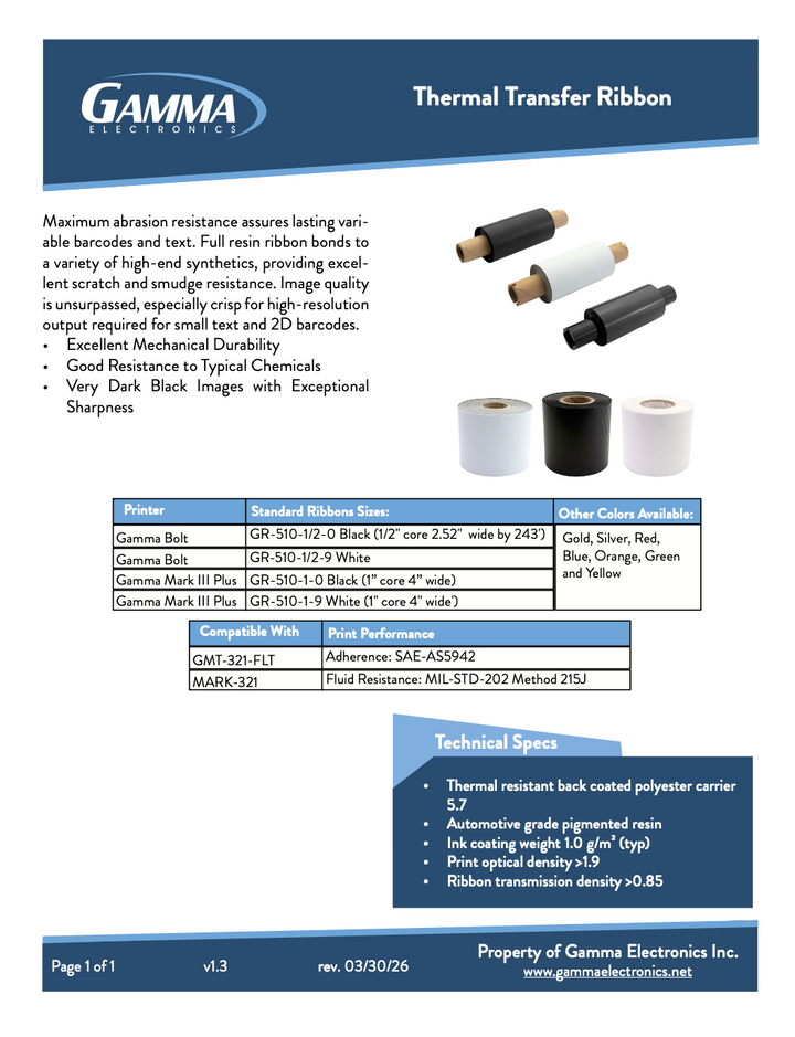 Gamma Bolt Thermal Transfer Printer Ribbon (Sold in 3)
